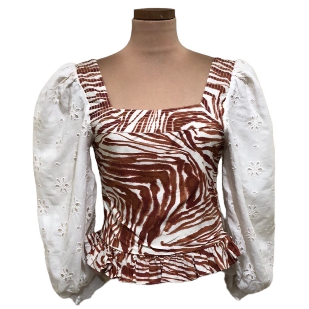 Love The Label Blouse Size Small Ivory Brown Zebra Eyelet Pattern